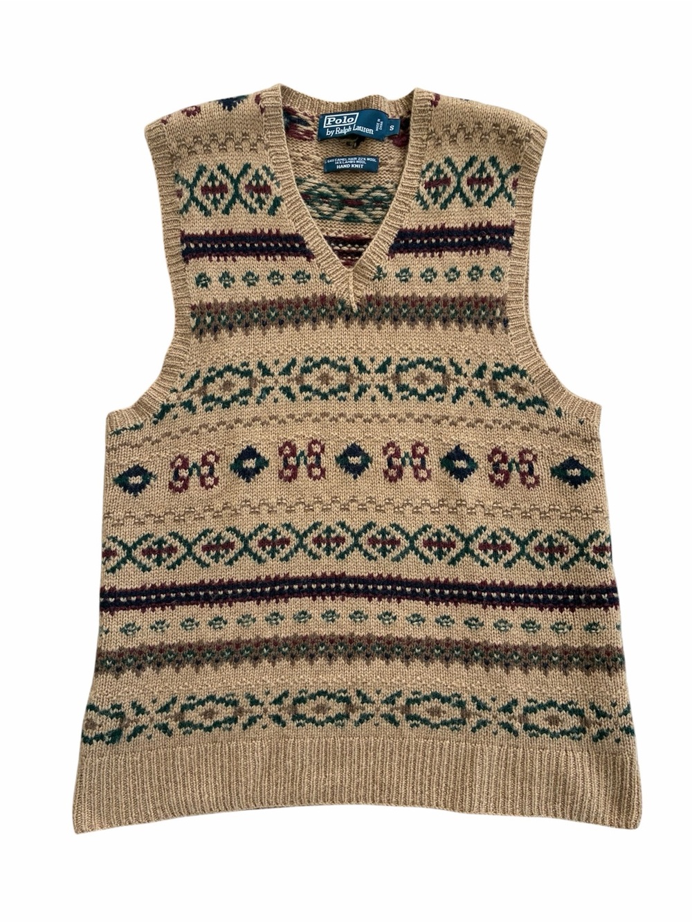 Polo Ralph Lauren Hand Knit Fair Isle Vest Camel Hair Lambs Wool Size Small